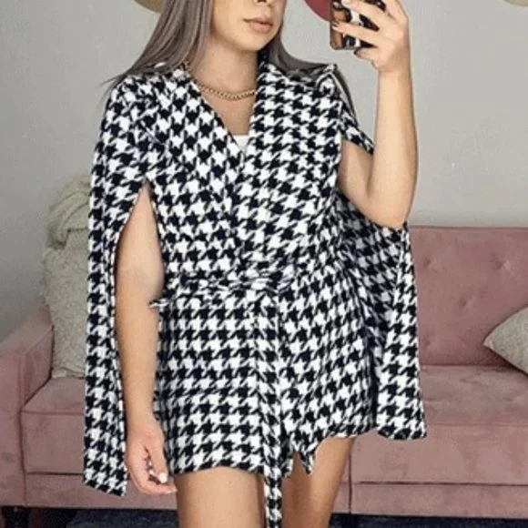 Tweed Houndstooth Print Cape Jacket - Coat - Picture 7 of 9